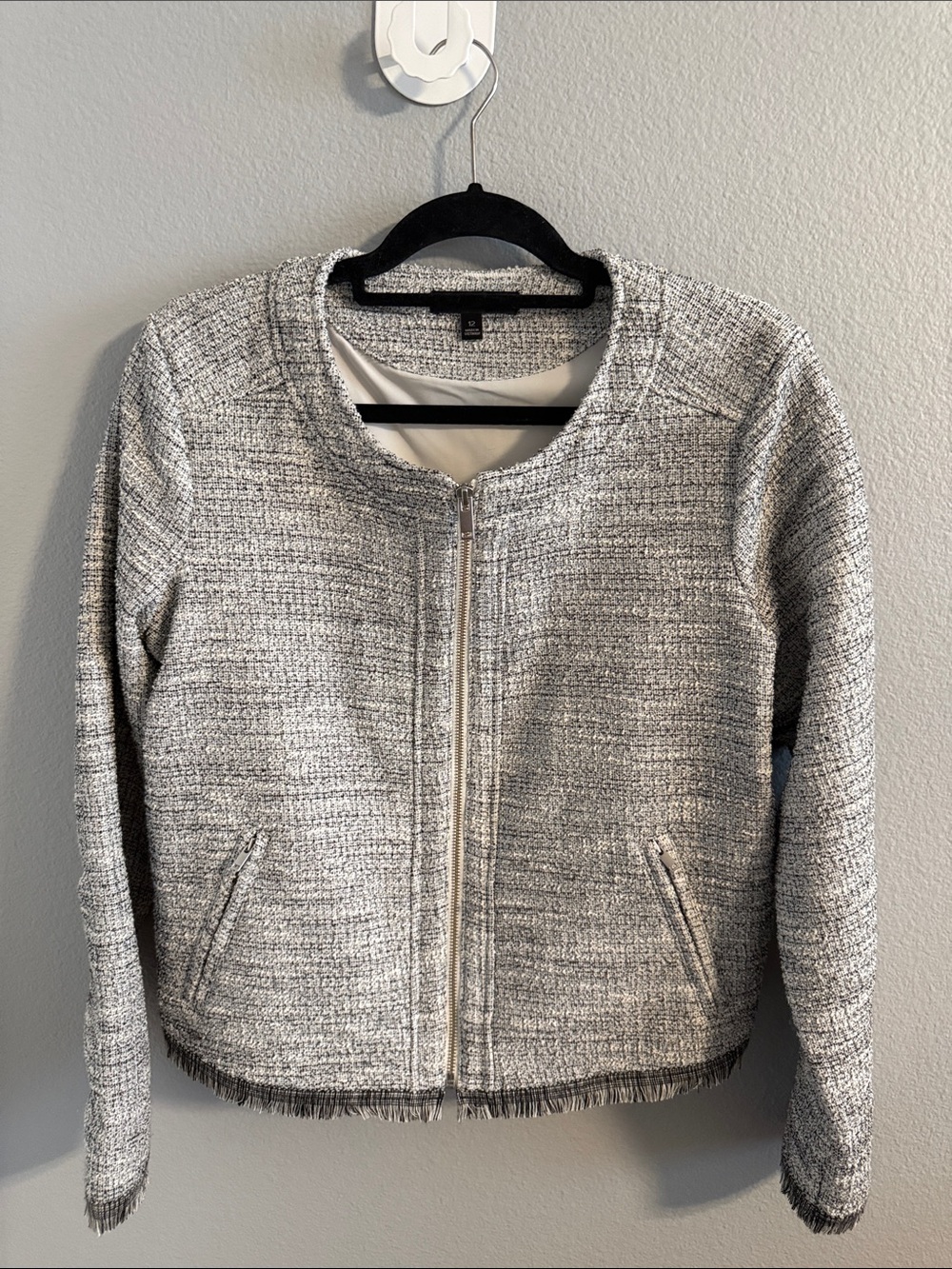 Banana Republic Gray Tweed Zip-Front Jacket with Fringe Trim